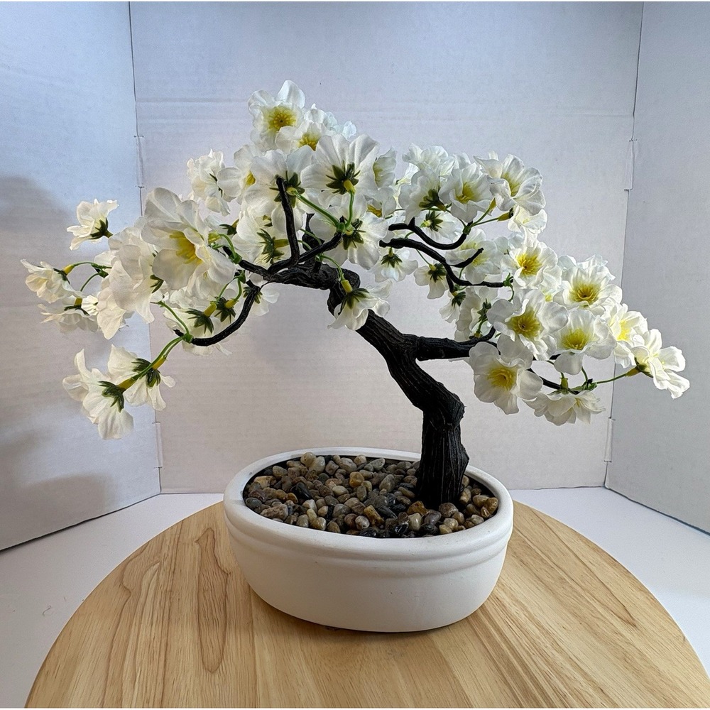Artificial Cherry Blossom Bonsai Tree 12in White Ceramic Pot w/ Pebbles